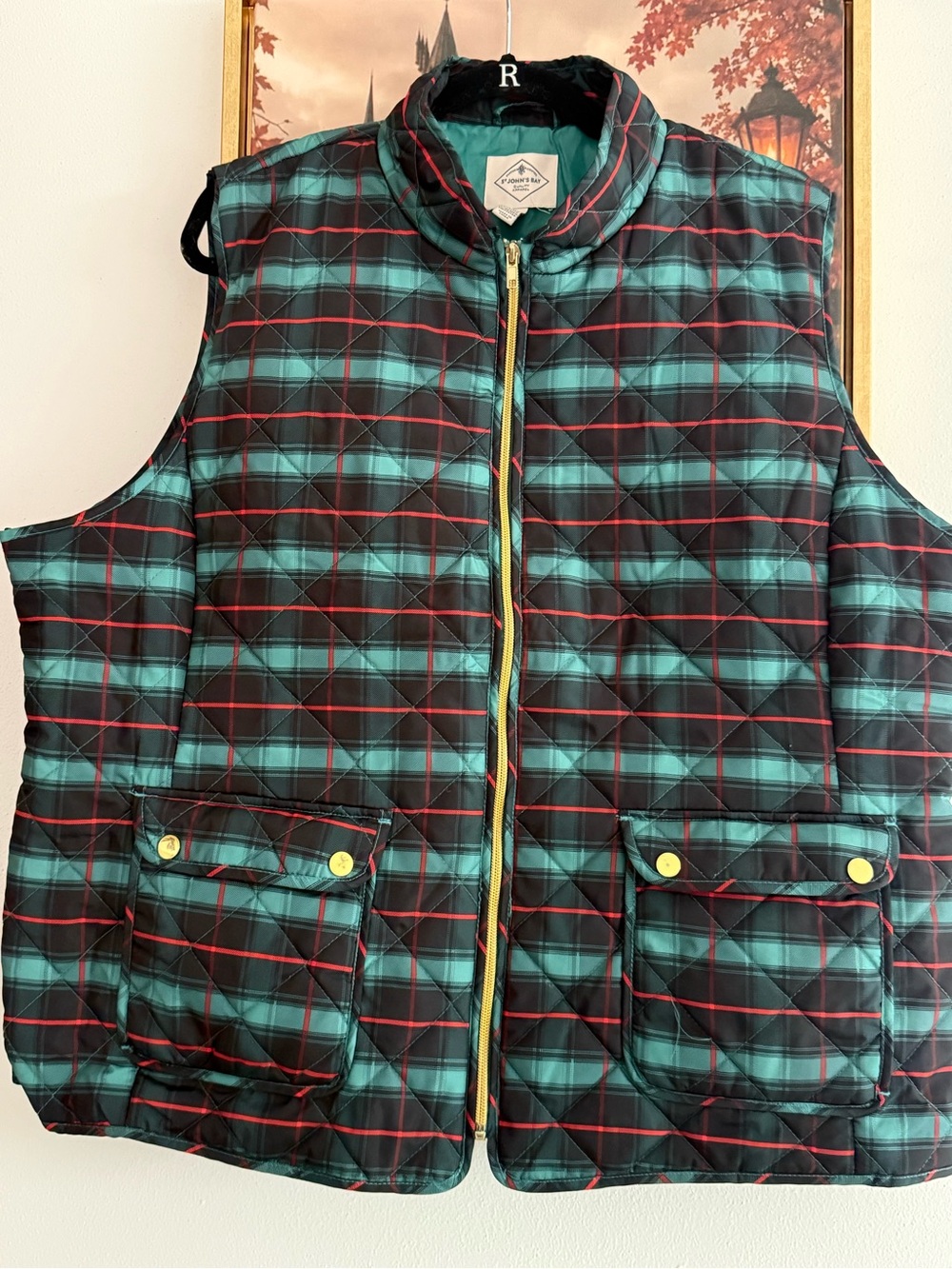 St John’s Bay Women’s Quilted Plaid Puffer Vest - Teal/Black